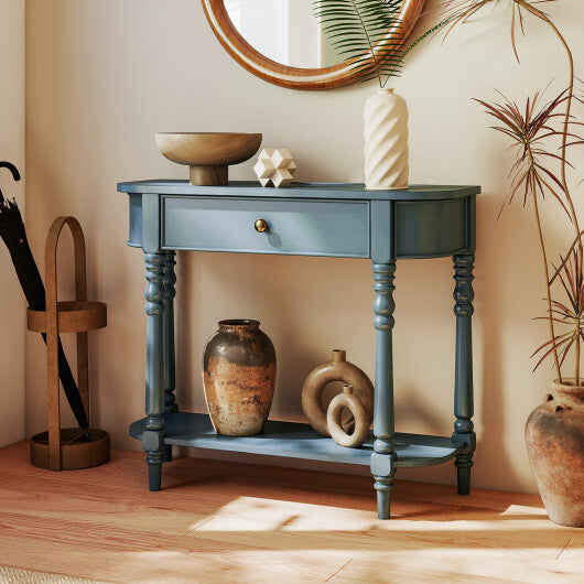 Retro Console Table36"L Wooden 2-Tier Narrow Behind Couch Foyer Table-Blue