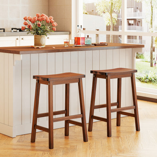 Set of 2 Saddle-Seat Counter Height Stools with Curved Seat and Footrests-Walnut W2B