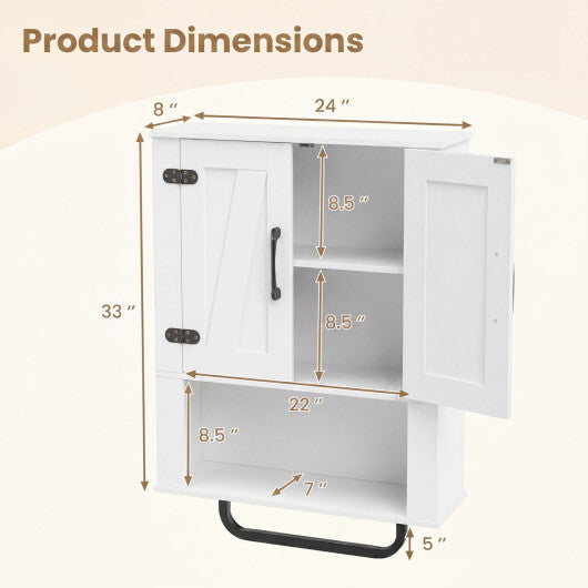 Bathroom Wall Cabinet with 2 Barn Doors and Towel Bar and 3-Tier Wooden Storage-White W2B