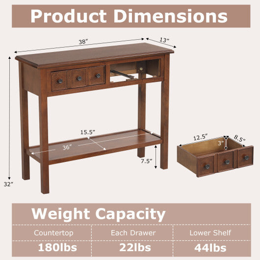38 Inch Rustic Console Table with 2 Drawers and Bottom Open Shelf-Espresso W2B