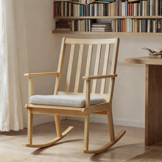 Rocking Chair with Cushion Solid Rubber Wood Rocker with Padded Seat-Natural W2B
