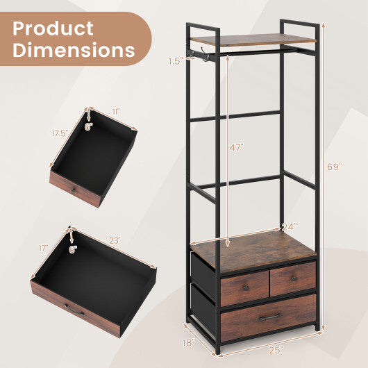 Clothes Rack with Drawers and Shelves with Side Hooks and Metal Frame-Rustic Brown W2B