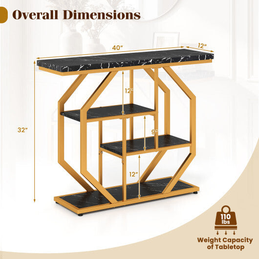 Modern Sofa Table Behind Couch 4-Tier Console Table with Faux Marble Tabletop-Black W2B