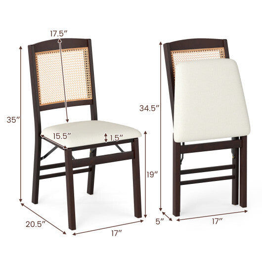 Folding Dining Chairs Set of 2 Rubber Wood Chairs with Linen Padded Seat-Natural