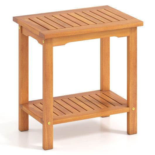 2-Tier Outdoor Acacia Wood Side Table with Slatted Tabletop and Storage Shelf W2B
