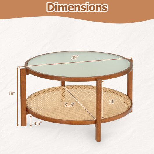 2-Tier Rattan Coffee Table with Frosted Tempered Glass Top and Wood Legs-Walnut W2B