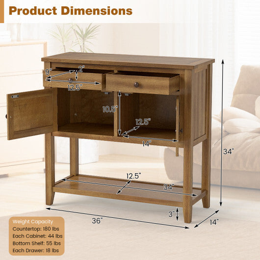 Mid-Century Console Table Wood Coffee Bar Buffet Sideboard with 2 Drawers-Walnut W2B