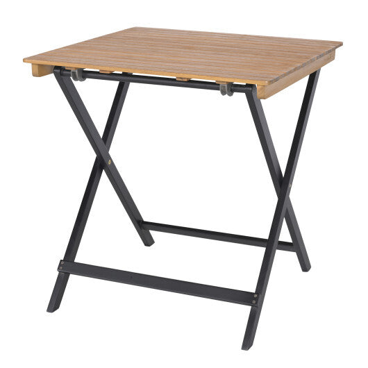 28 Inch Patio Folding Square Table with Slatted Tabletop for Backyard Porch W2B