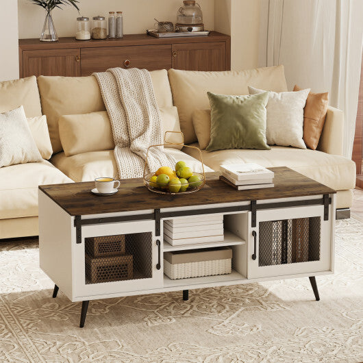 Farmhouse Coffee Table with Sliding Doors Rectangular with Adjustable Shelf-Rustic Brown W2B