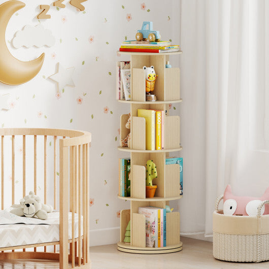 4-Tier Rotating Bookshelf 360 Display Rack with Dividers and Anti-falling Baffles-Natural W2B