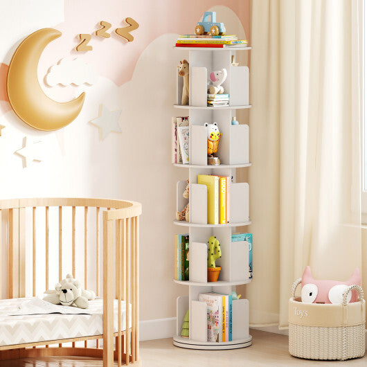 5-Tier Rotating Bookshelf 360 Display Rack with Dividers and Anti-falling Baffles-White W2B