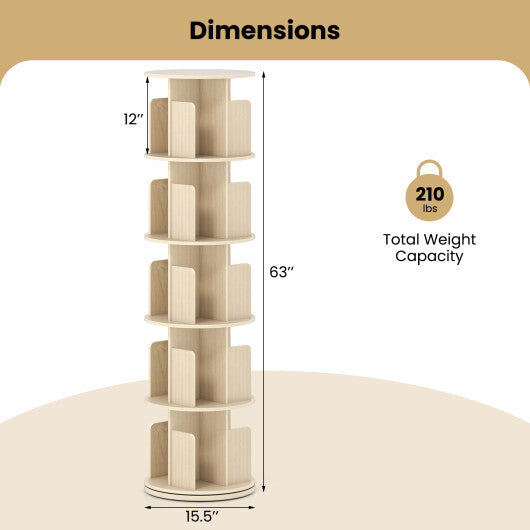 5-Tier Rotating Bookshelf 360 Display Rack with Dividers and Anti-falling Baffles-White W2B