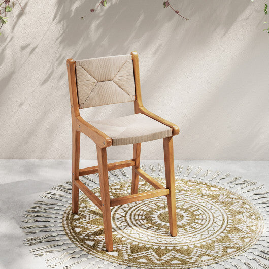Set of 1 Outdoor Counter Height Bar Stool Woven Paper Rope Patio Barstool with Teak Wood Frame W2B