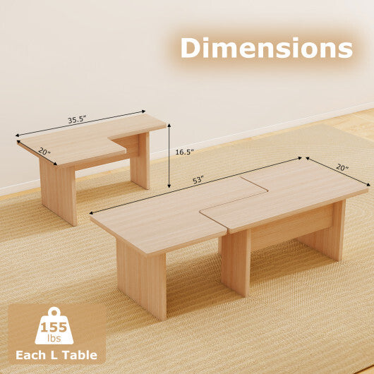 Modular Coffee Table Set of 2 L Shaped Center Tables for Small Space-Walnut