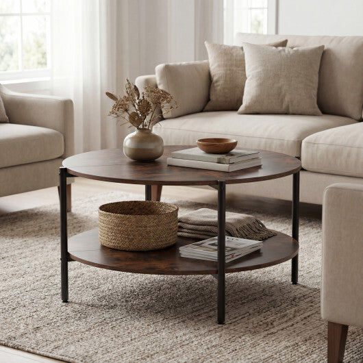 Round Coffee Table 2-Tier Industrial Accent Table with Open Storage Shelf-Rustic Brown W2B