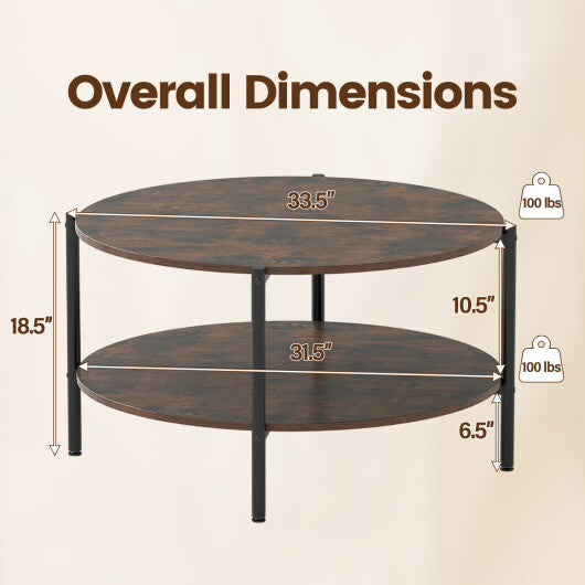 Round Coffee Table 2-Tier Industrial Accent Table with Open Storage Shelf-Rustic Brown W2B