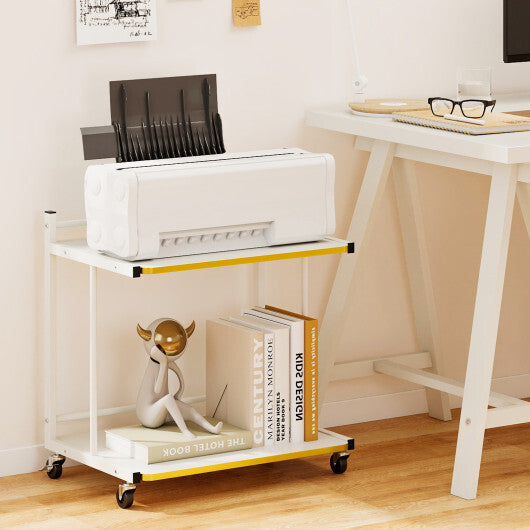 Mobile Side Table 2-Tier Rolling End Table with Open Shelves & Golden Trimmed Edges-White W2B