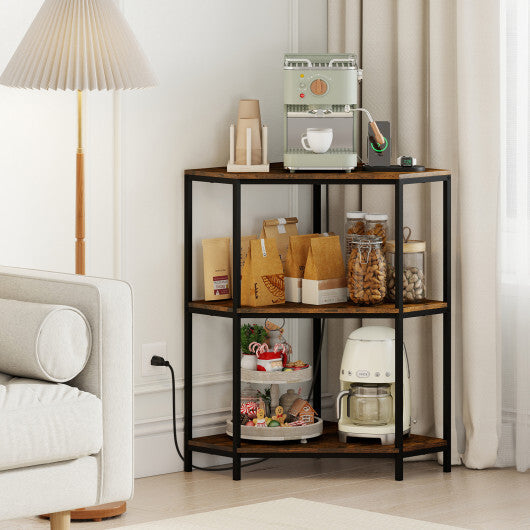Corner Printer Stand 3-Tier Corner Shelf with Charging Station and Metal Frame-Rustic Brown W2B