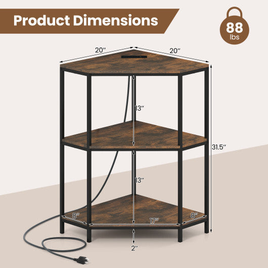 Corner Printer Stand 3-Tier Corner Shelf with Charging Station and Metal Frame-Rustic Brown W2B