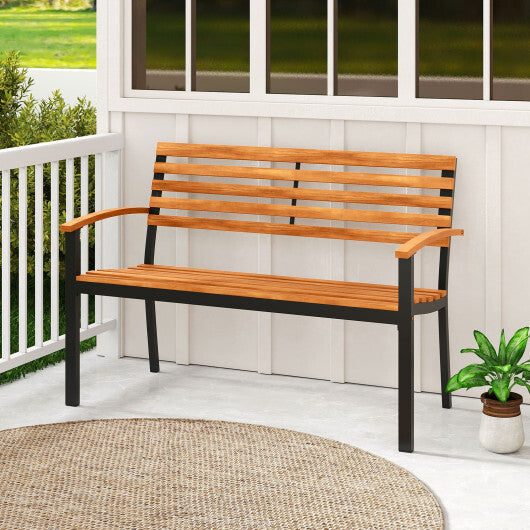 Outdoor Bench Acacia Wood Patio Loveseat with Backrest Armrests W2B