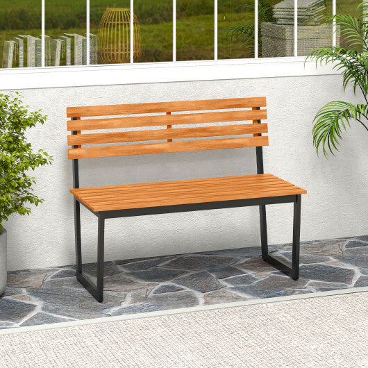 Outdoor Bench Acacia Wood Patio Loveseat with Backrest and Heavy Duty Metal Frame W2B