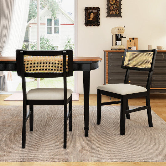 Rattan Dining Chairs Set of 2 Fabric Upholstered Kitchen Chairs with Padded Seat and Rubber Wood Legs-Black