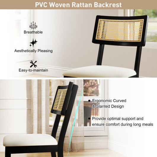 Rattan Dining Chairs Set of 2 Fabric Upholstered Kitchen Chairs with Padded Seat and Rubber Wood Legs-Black W2B
