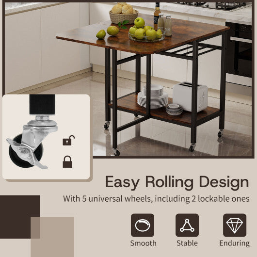 Folding Dining Table with Expandable Laptop with Wine Rack and Wheels-Rustic Brown W2B