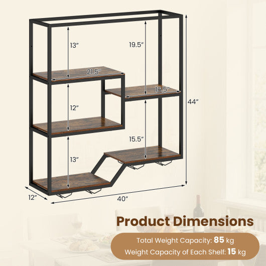 Wall Mounted Wine Rack 6-Tier Hanging Bar Shelf with Bottle Display Shelf and Glass Holder-Rustic Brown W2B