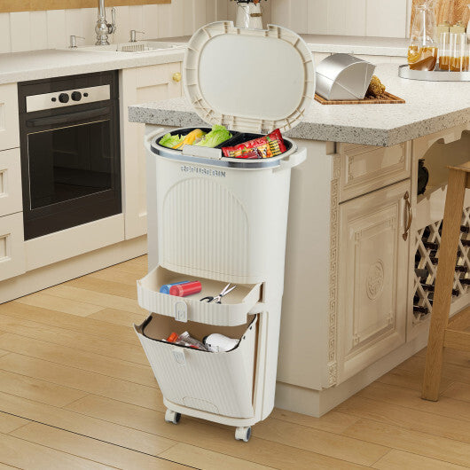 11 Gallon 3-Layer Kitchen Trash Can with Lid and 2 Removable Buckets-Beige W2B