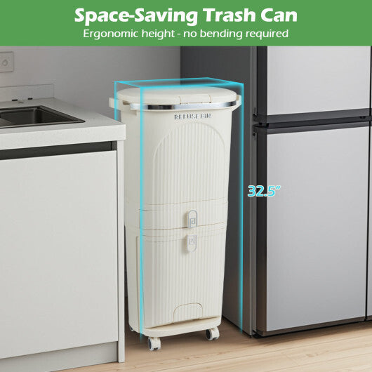 11 Gallon 3-Layer Kitchen Trash Can with Lid and 2 Removable Buckets-Beige W2B