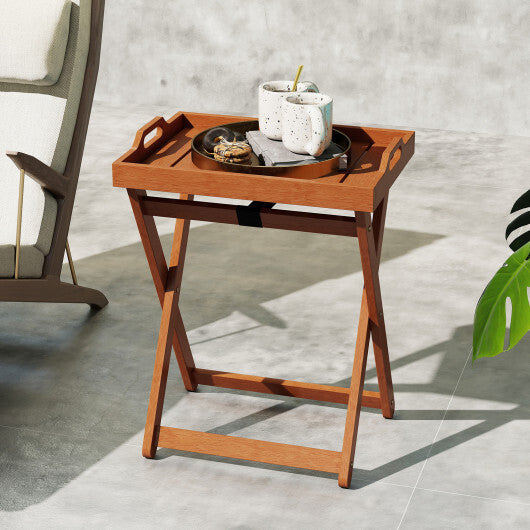 Outdoor Wood Tray Table Portable Side End Table with Folding Frame W2B