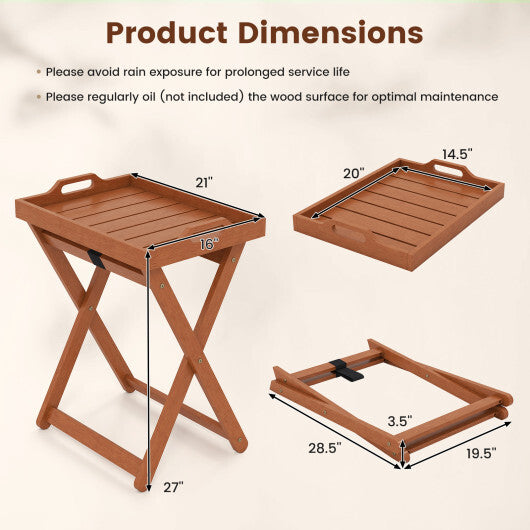 Outdoor Wood Tray Table Portable Side End Table with Folding Frame W2B