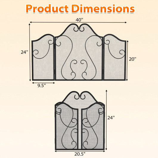 3 Panel Fireplace Screen Foldable Spark Guard Cover with Decorative Scroll W2B