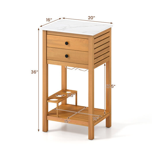 Patio Acacia Wood Storage Cabinet Patio Buffet Cabinet Bar Table with Faux Marble Countertop W2B