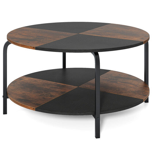 2-Tier Round Coffee Table Metal Frame with Storage Shelf-Natural & White W2B