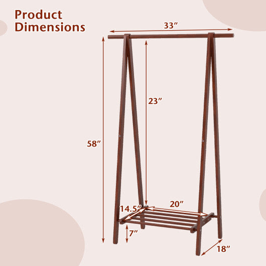 Folding Rubber Wood Clothes Hanging Rack Standing Garment Rack with Bottom Storage Shelf-Walnut W2B