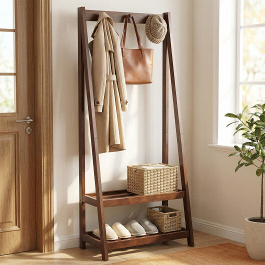Freestanding Clothes Rack with 3 Hooks and 2 Shelves-Walnut W2B