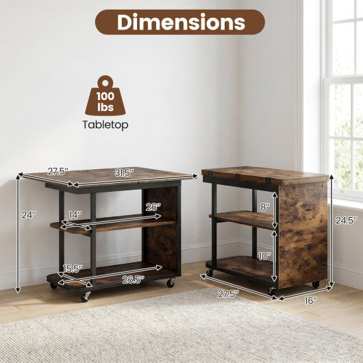 Mobile Night Stand with Foldable Swivel Top and 2-Tier Shelf for Small Spaces-Natural W2B