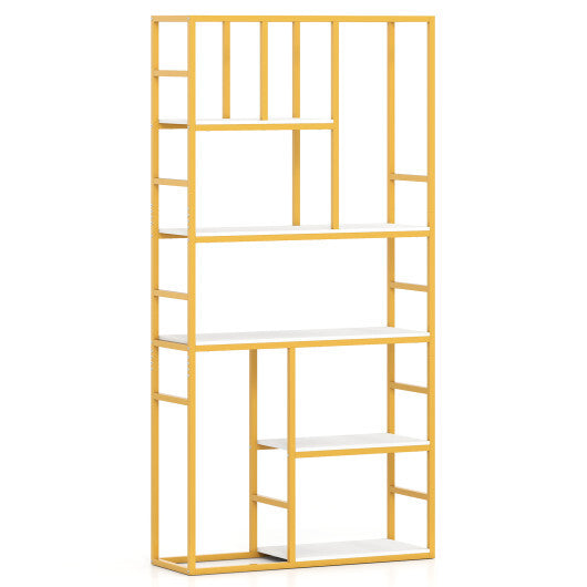 71 Inch Tall Bookshelf Metal Frame 5-Tier Geometric Bookcase-White & Golden W2B