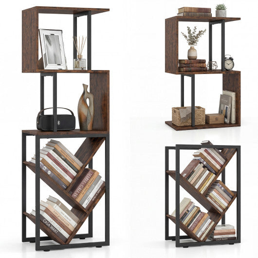 6-Tier Bookshelf Floor Standing Tree S-Shaped Geometric Bookcase with Open Shelves-Brown W2B