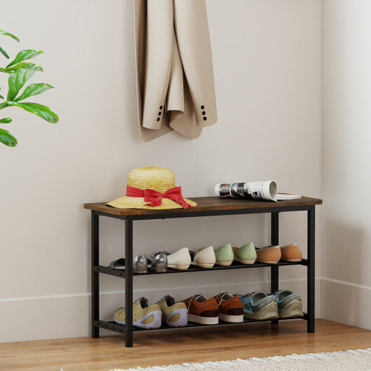 3-Tier Shoe Rack Shoe Bench with Metal Slat Shelves and Long Wooden Seat-Rustic Brown W2B