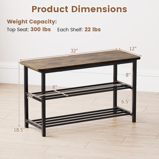 3-Tier Shoe Rack Shoe Bench with Metal Slat Shelves and Long Wooden Seat-Rustic Brown W2B