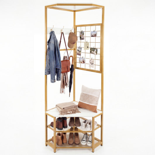 Corner Hall Tree Freestanding Coat Rack with Storage Shelves Removable Hooks-Brown W2B