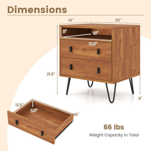 Mid Century Modern 2-Drawer Nightstand with Storage Compartment-Walnut W2B