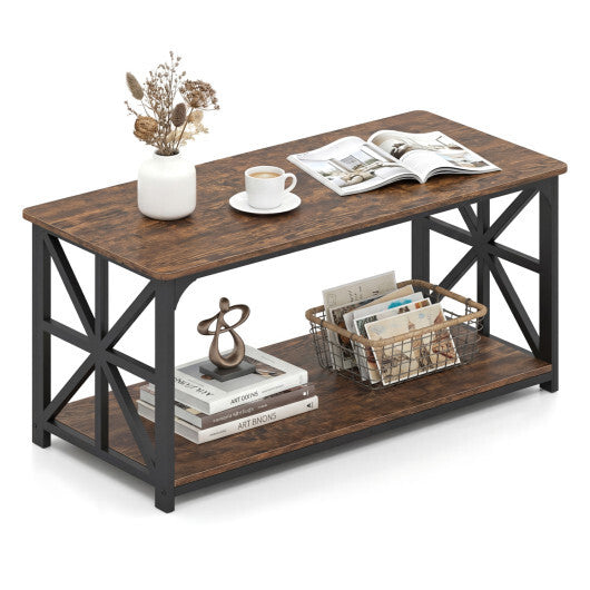 Coffee Table 2-Tier Center Table with Storage Shelf-Oak W2B
