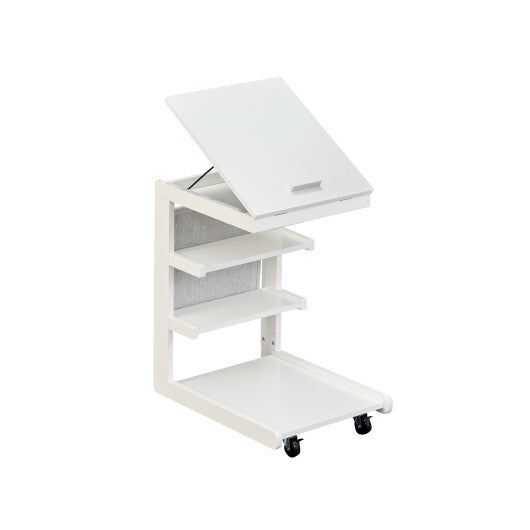 C-shaped End Table with Wheels and Adjustable Desktop for Sofa Couch Bedside-Natural W2B