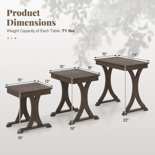3 Pieces Nesting Coffee Table Side Table with Solid Rubber Wood Legs-Brown W2B