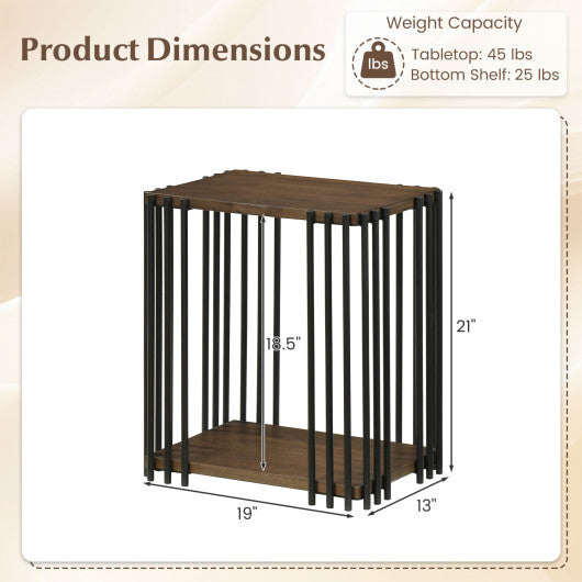 Rubber Wood Side Table Set of 2 with 2-Layer Storage Shelves and Metal Frame-Walnut W2B