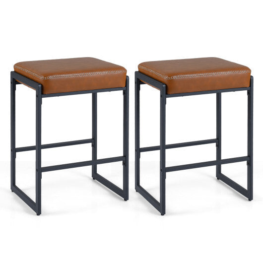 26 inch Bar Stools Set of 2 Counter Height Barstools with Faux Leather Upholstered Seat-Gray